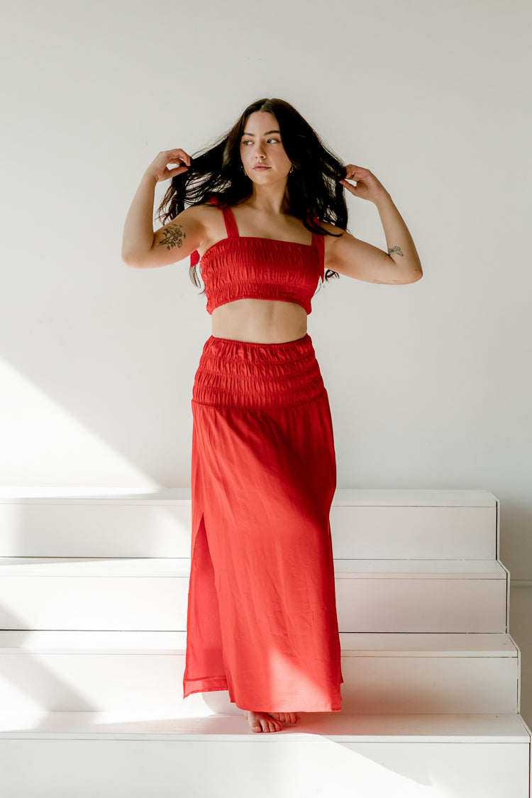 charlie holiday marsha cropped top, red vacation set, red maxi skirt set