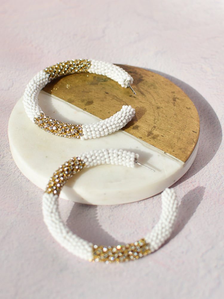 deepa gurnani lana hoops, white and gold beaded hoops, bridal earrings, beaded bridal hoops