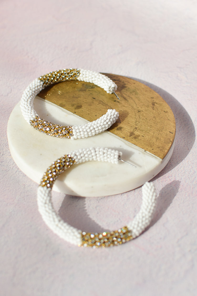 deepa gurnani lana hoops, white and gold beaded hoops, bridal earrings, beaded bridal hoops