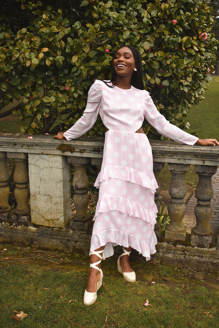 Pink polka dot sales midi dress