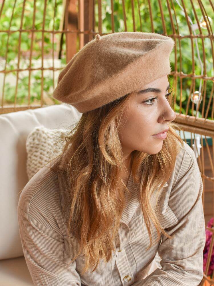 camel beret, camel wool beret, lack of color, lack of color camel beret, french girl style, french girl fall style, tan stripe shirtdress