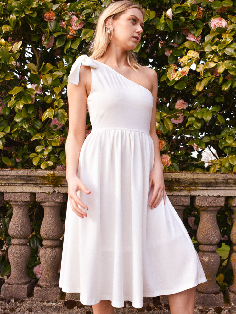 white dresses for women, one shoulder white dress, white bow dress, white dress with bows, white one shoulder dress