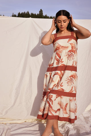 palm print dress, palm leaf dress, vacation dress, orange palm leaf maxi dress, agua bendita lookalike dress