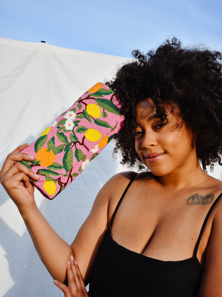 Beaded Citrus Print Clutch