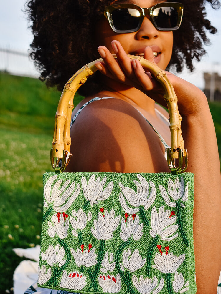 beaded leaf bag, beaded green and white floral bag