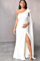 white one shoulder bow maxi dress, wedding gown under $200, bow gown, one shoulder white dress, rehearsal dinner maxi dress