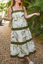 palm print dress, palm print maxi dress, agua bendita dress dupe, tiered tropical print dress