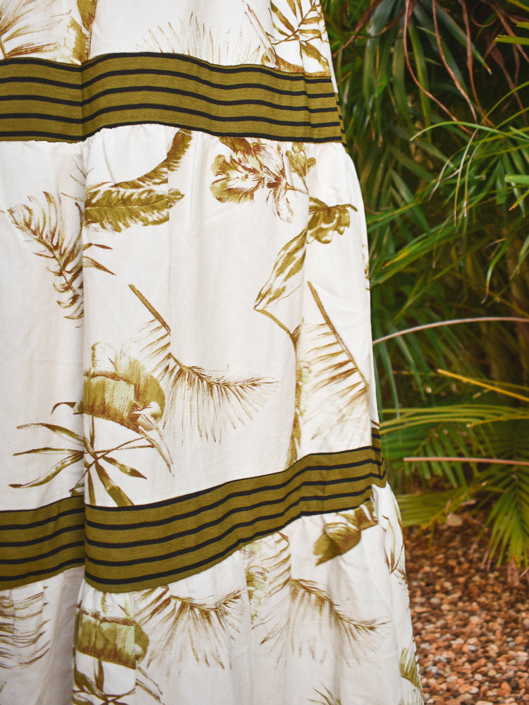 palm print dress, palm print maxi dress, agua bendita dress dupe, tiered tropical print dress