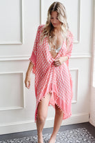 pink gingham beach cover-up, gingham kimono, pink gingham kimono, pink beach cover-up