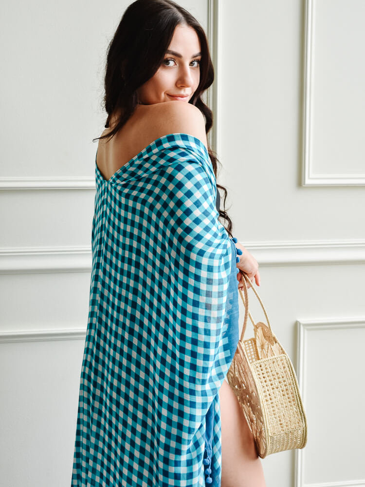 teal gingham beach cover-up, beach cover-up with pom poms, gingham beach cover-up, gingham kimono
