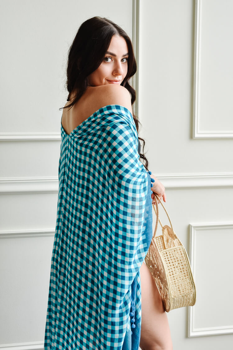 teal gingham beach cover-up, beach cover-up with pom poms, gingham beach cover-up, gingham kimono