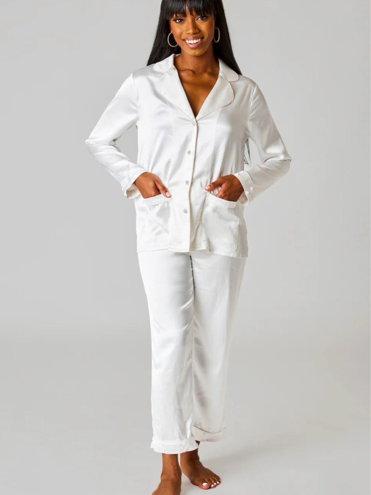 white feather pjs for bride