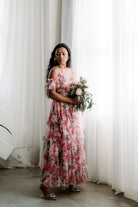 floral gown, floral maxi dress, pink floral bridesmaids dress