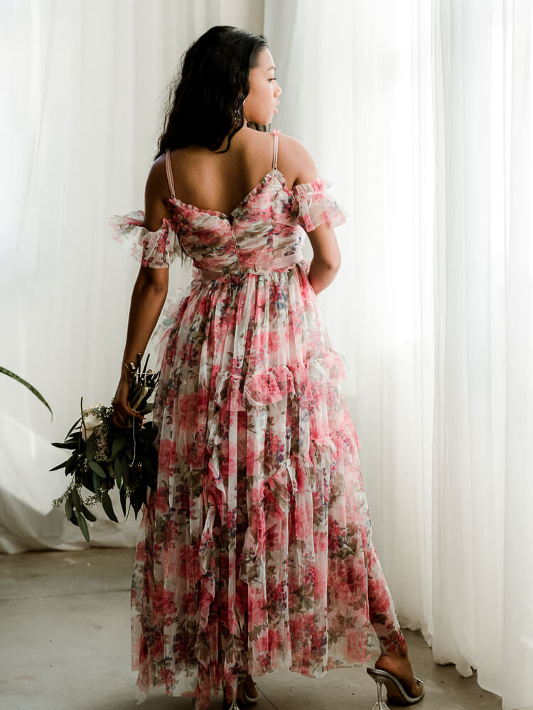 floral gown, floral maxi dress, pink floral bridesmaids dress