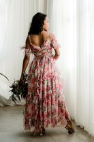 floral gown, floral maxi dress, pink floral bridesmaids dress