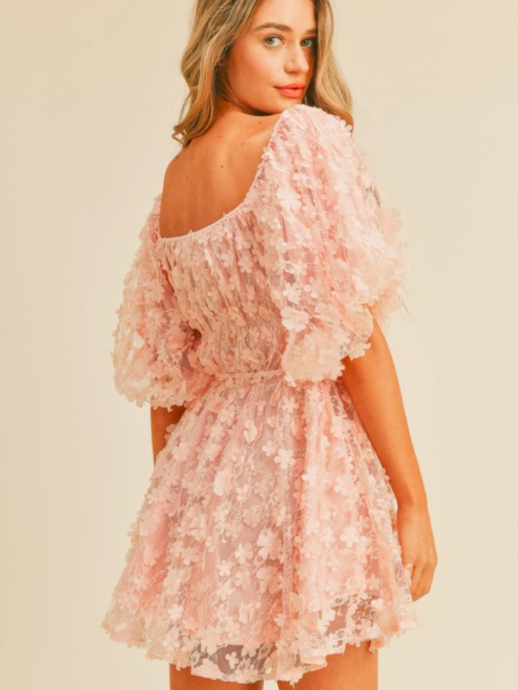 Darby 3D Floral Bubble Mini Dress - Pink