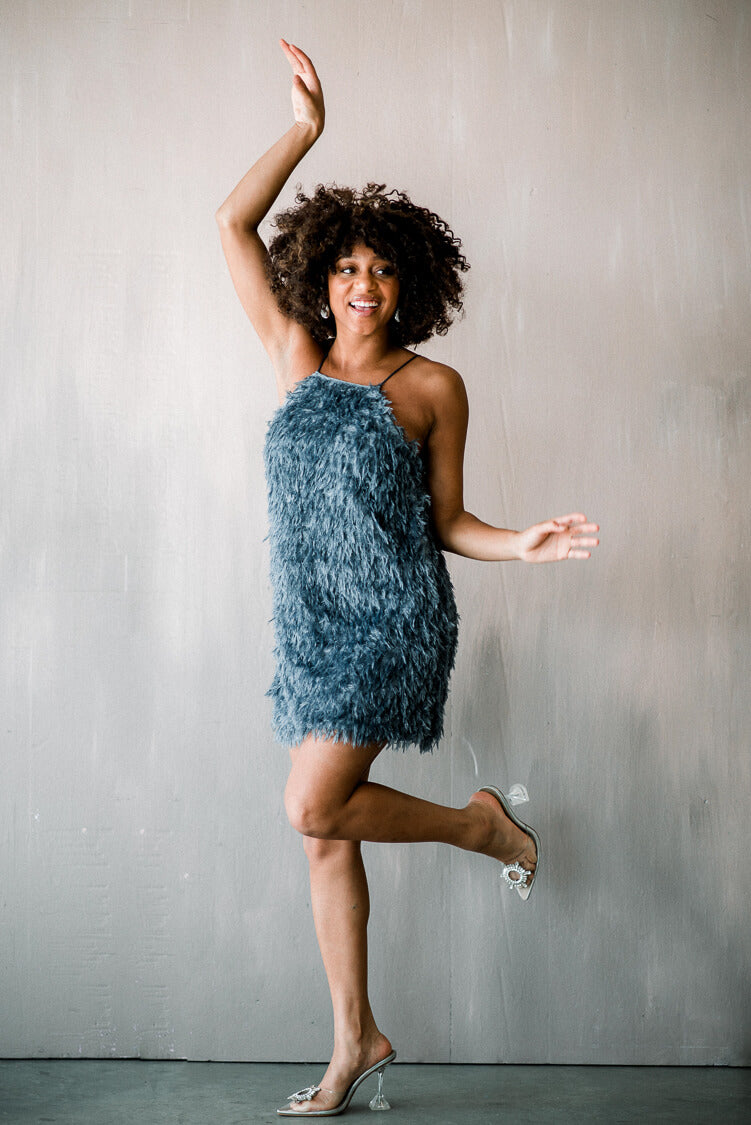 blue fringe mini, blue cocktail dress, blue feather mini dress, feather mini dress, blue feather mini cocktail dress, cult gaia lookalike, feather party dress