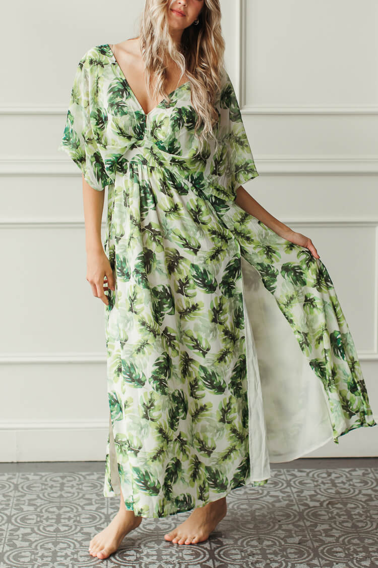 palm print maxi dress, maxi dress for vacation, leaf print maxi dress, buddy love evelyn maui maxi dress