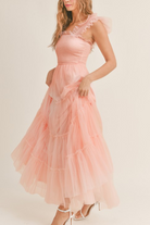 pink tiered tulle maxi dress with smocked bodice