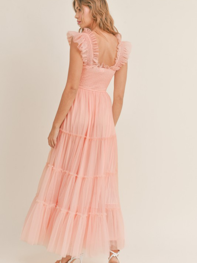 pink tiered tulle maxi dress with smocked bodice