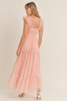 pink tiered tulle maxi dress with smocked bodice