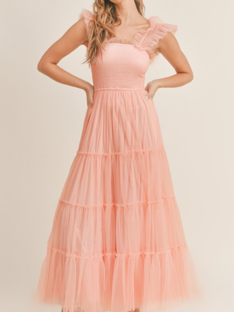 pink tiered tulle maxi dress with smocked bodice