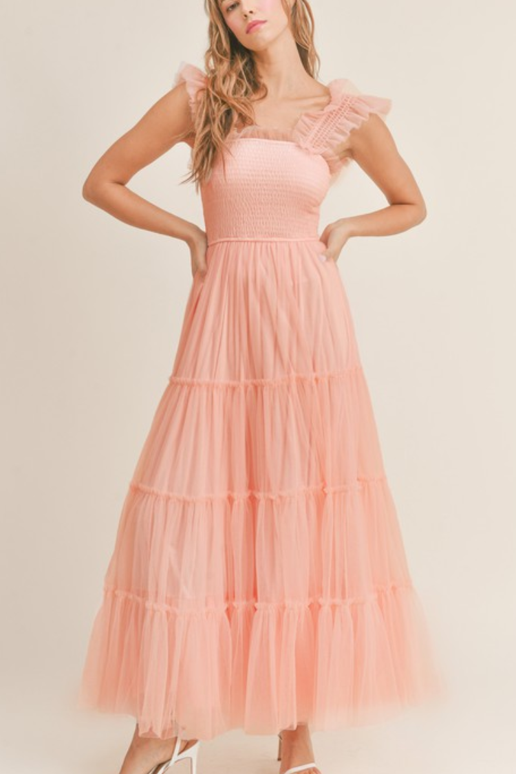 pink tiered tulle maxi dress with smocked bodice