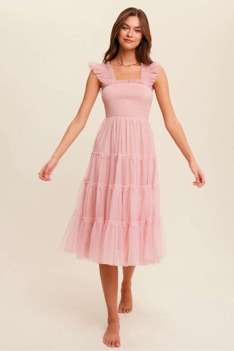 Confete Fiori Short Pink Tulle Tiered Midi Baby Shower Dress