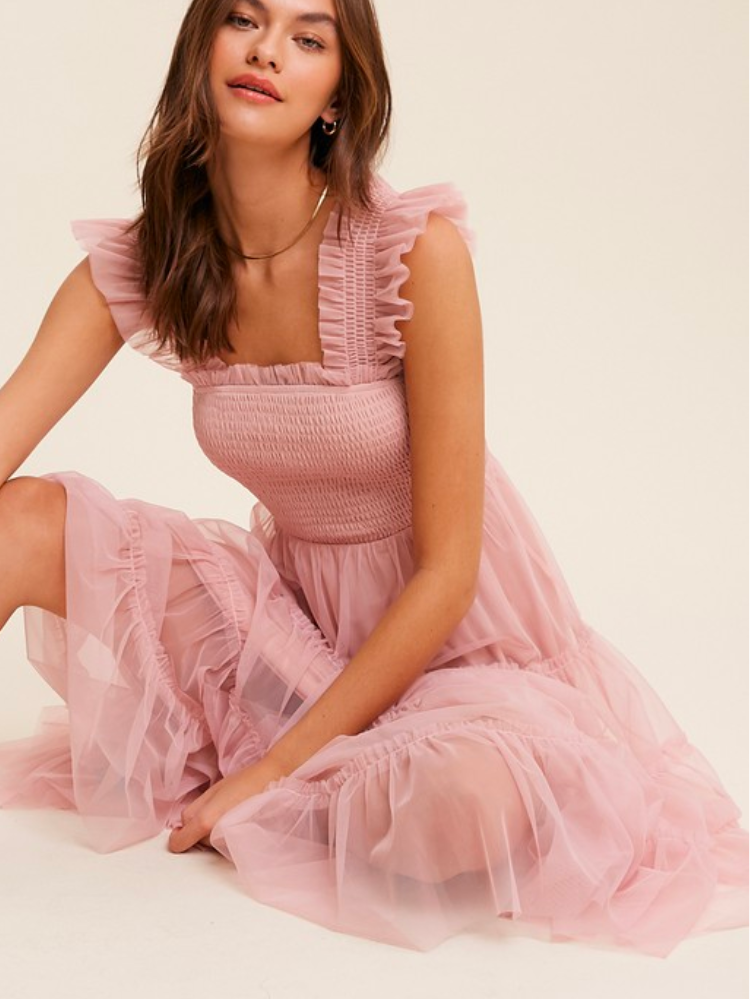 Fiori Short Pink Tulle Tiered Midi Dress