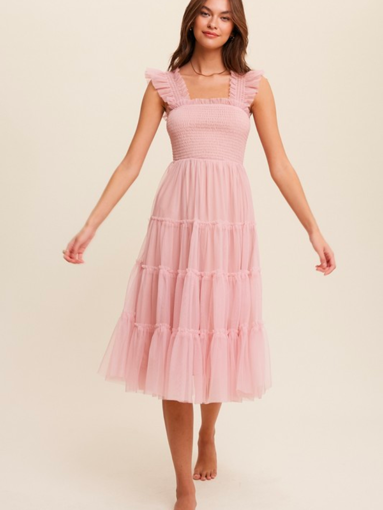 Tulle Frill Short Dress Pink Patterned