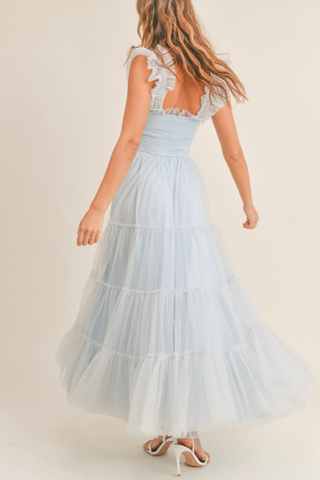 blue tulle tiered maxi dress with smocked bodice