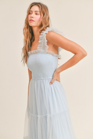 blue tulle tiered maxi dress with smocked bodice