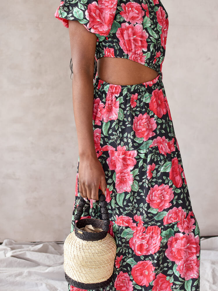moon river red and black floral cutout one shoulder midi dress