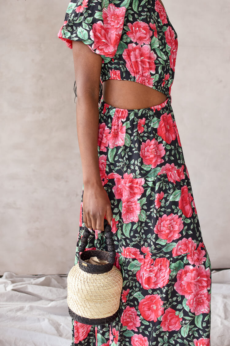 moon river red and black floral cutout one shoulder midi dress