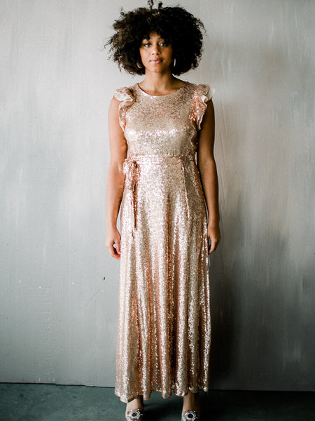 rose gold sequin dress with sleeves Rose Gold Long Sleeve Sequin Plunge Mini Dress main image 0