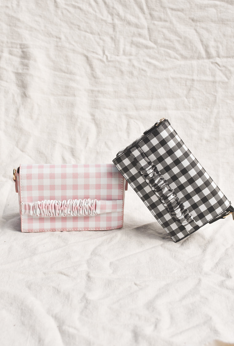 gingham clutches, pink gingham clutch, black gingham clutch