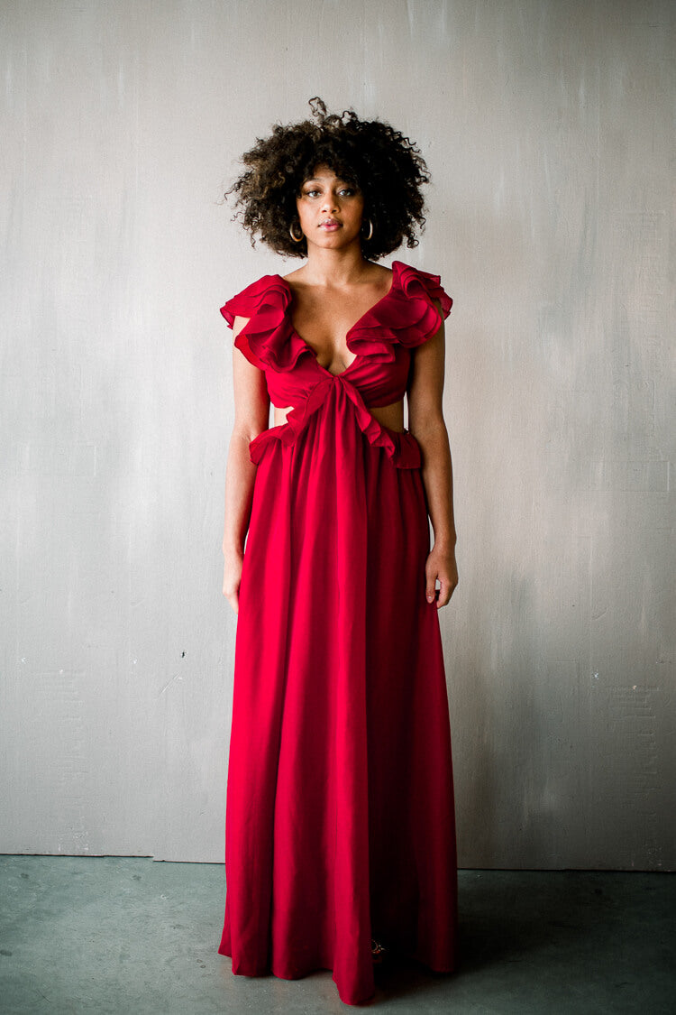 red cutout maxi dress, cutout maxi dress, zimmermann dupe, red maxi dress, red wedding guest dress, red cocktail dress, red rehearsal dinner dress