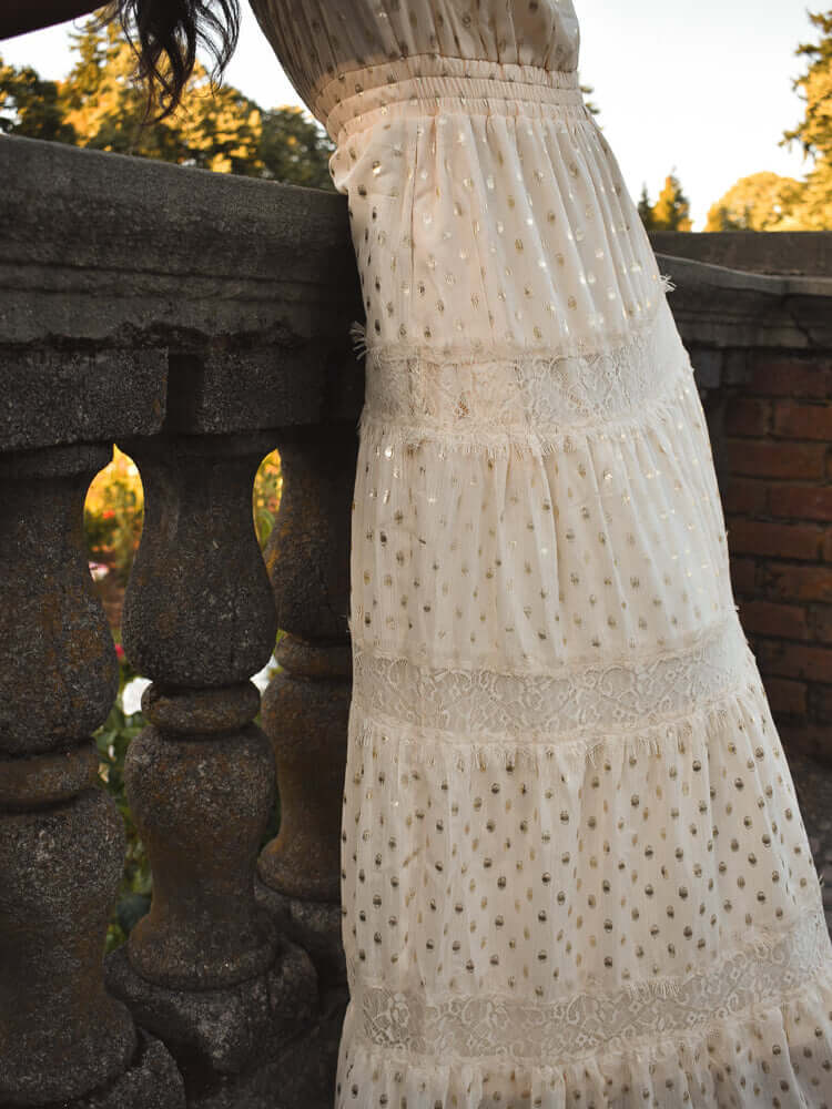 genevieve gold dot maxi dress, gold dot dress, ivory gold dot dress, garden party dress, engagement photo dress, engagement party dress, dress for wedding at a castle