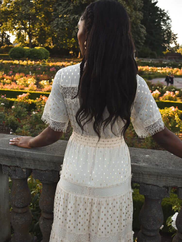 genevieve gold dot maxi dress, gold dot dress, ivory gold dot dress, garden party dress, engagement photo dress, engagement party dress, dress for wedding at a castle