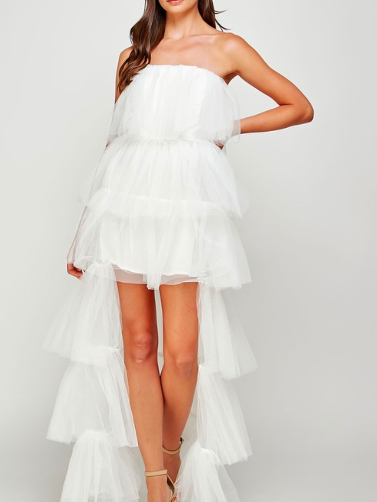 white tulle dress with high low train