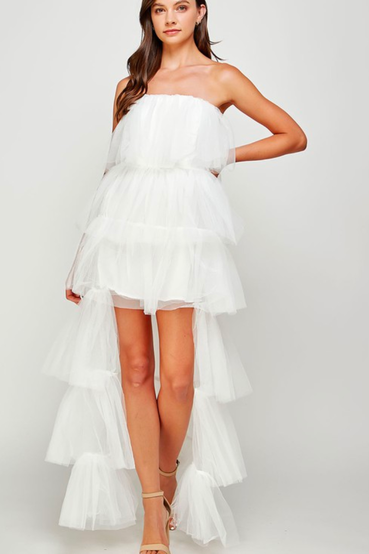 white tulle dress with high low train