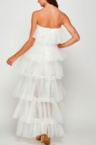 white tulle dress with high low train