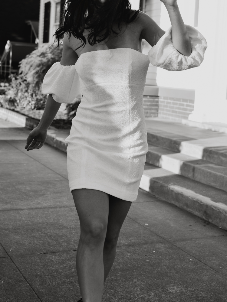 gloriosa white mini dress with puff sleeves for brides elliatt