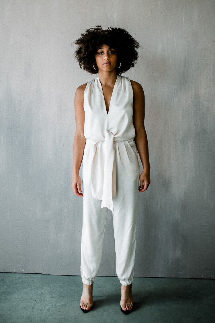 white jumpsuit, ivory jumpsuit, white silk jumpsuit, ivory jogger jumpsuit, jogger jumpsuit