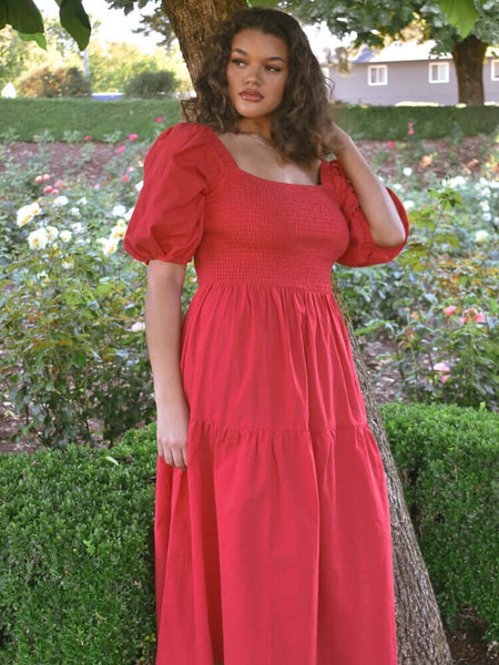 Heath Puff Sleeve Plus Midi Dress - Tomato – Confête