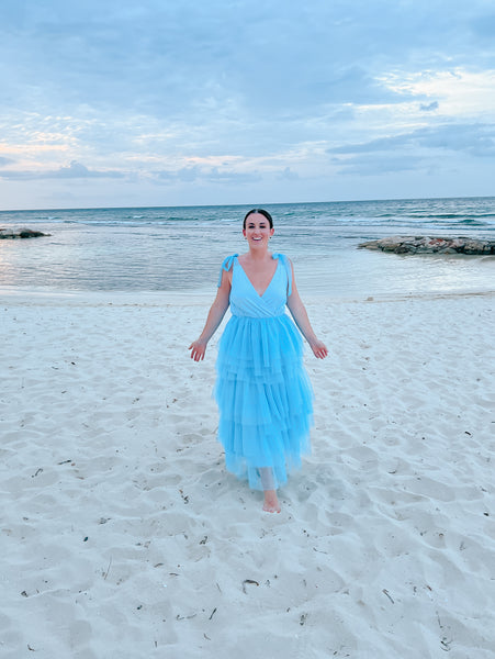 blue beach dress Mare Tiered Blue Tulle Midi Dress