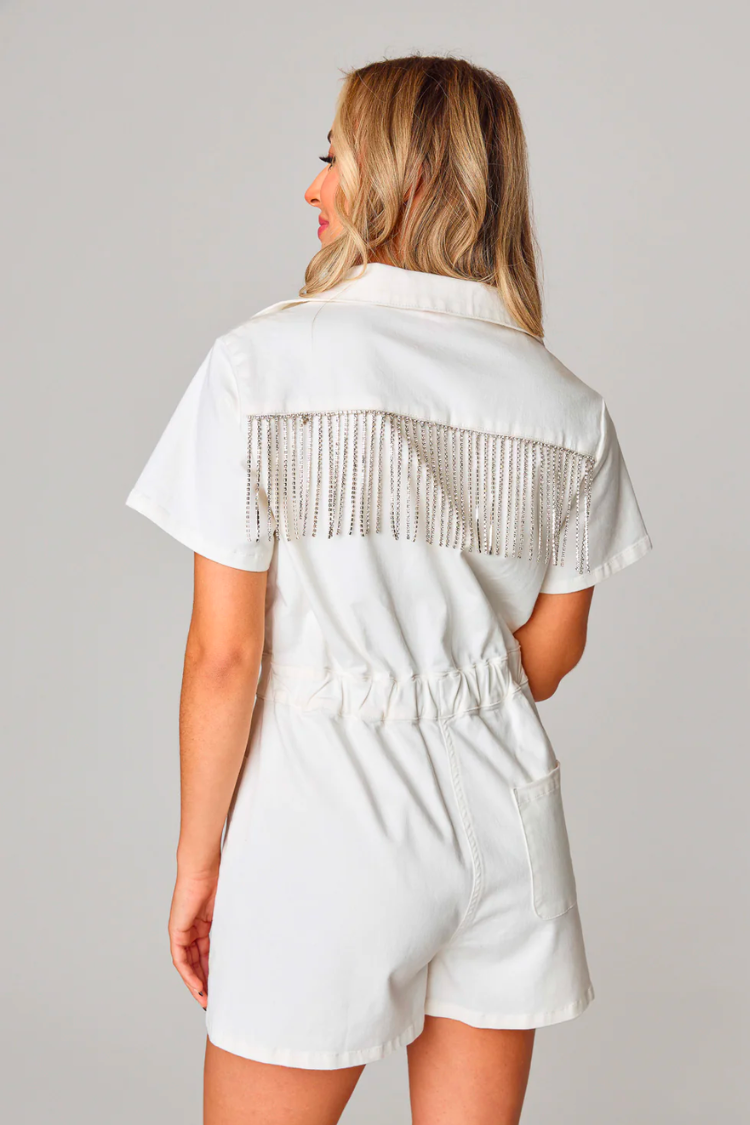 jessie crystal fringe white romper for bachelorette parties