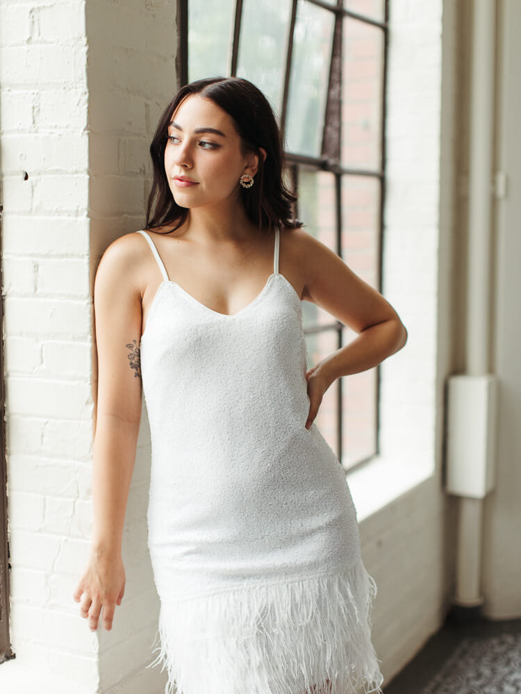 white sequin mini dress with feathers, wedding after party dress, short white dress, white sequin mini dress