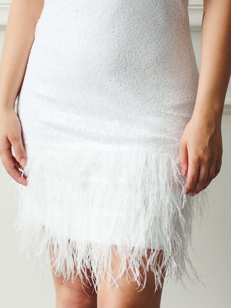 white sequin mini dress with feathers, wedding after party dress, short white dress, white sequin mini dress