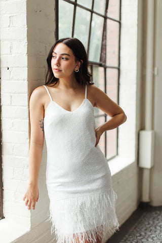 white sequin mini dress with feathers, wedding after party dress, short white dress, white sequin mini dress